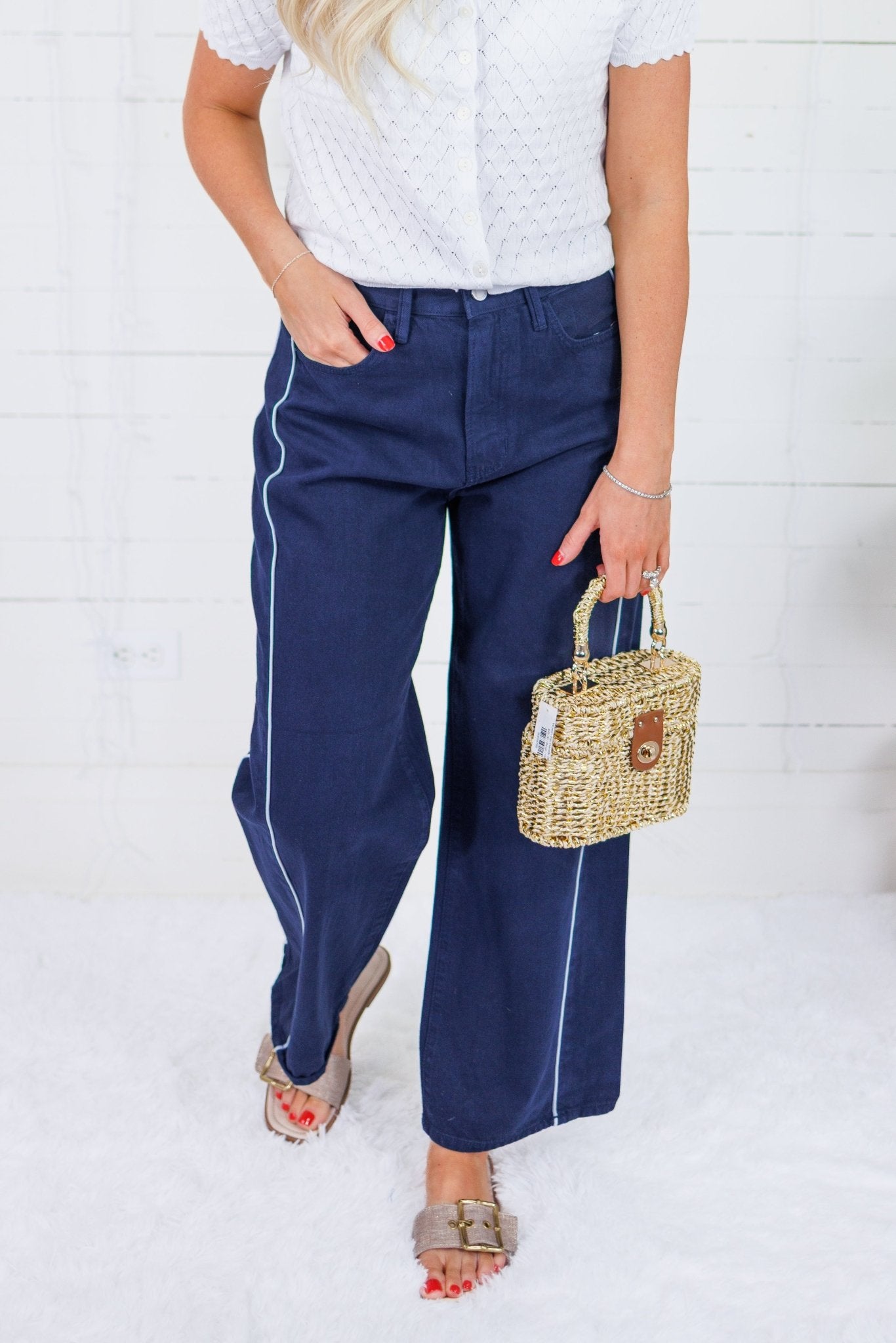 Franklin Navy Tuxedo Stripe Wide Leg Jeans Just Black Denim