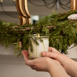 Hand holding a candle with greenery inside, against a decorative background.