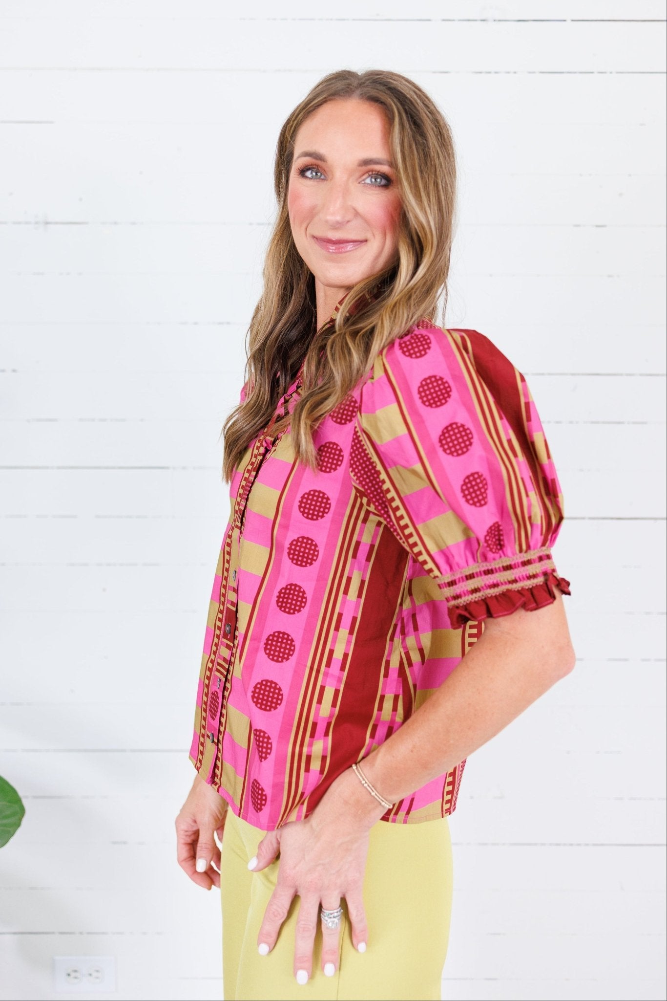 Frederick Plum Lines + Dots Ruffle Top Entro