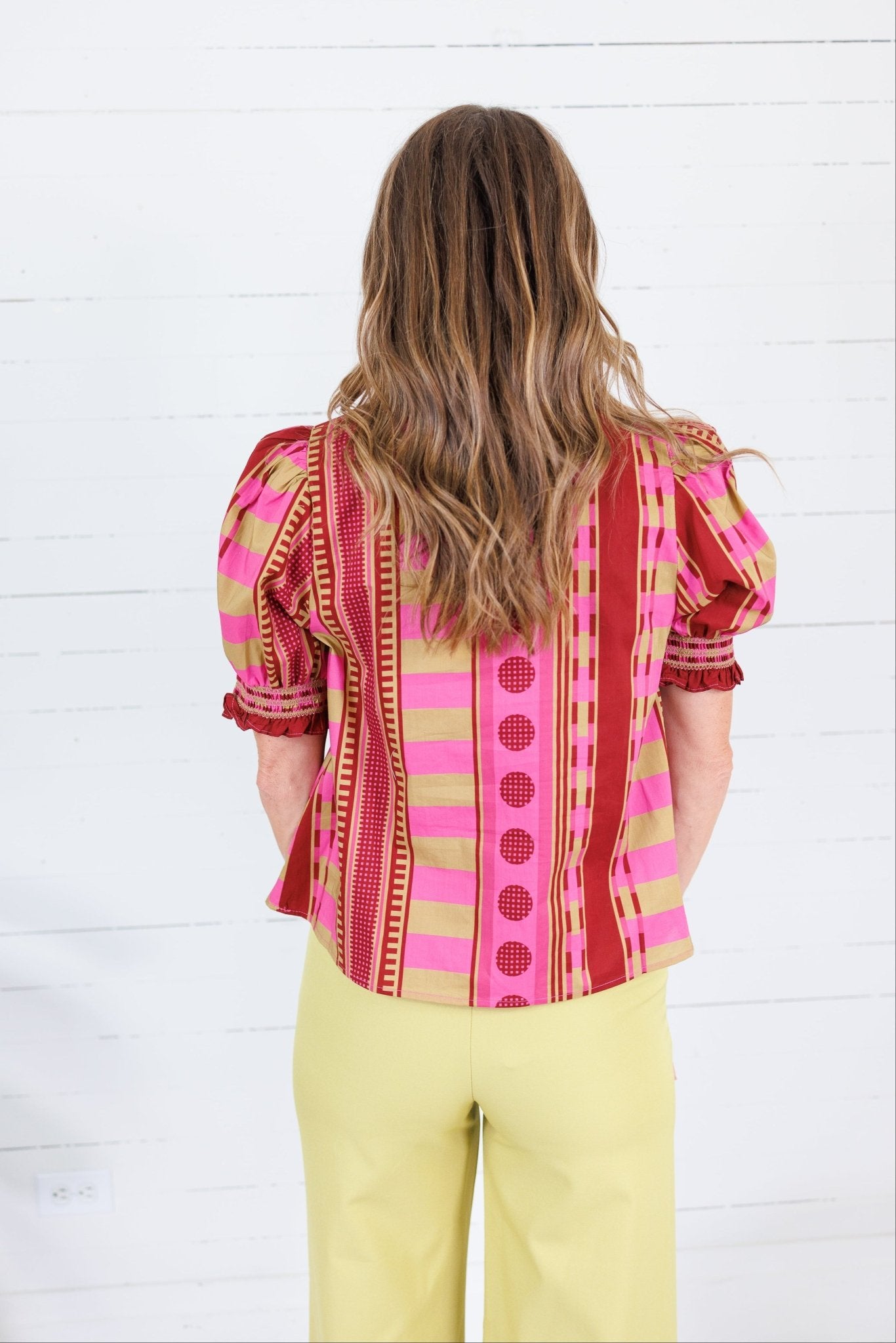Frederick Plum Lines + Dots Ruffle Top Entro