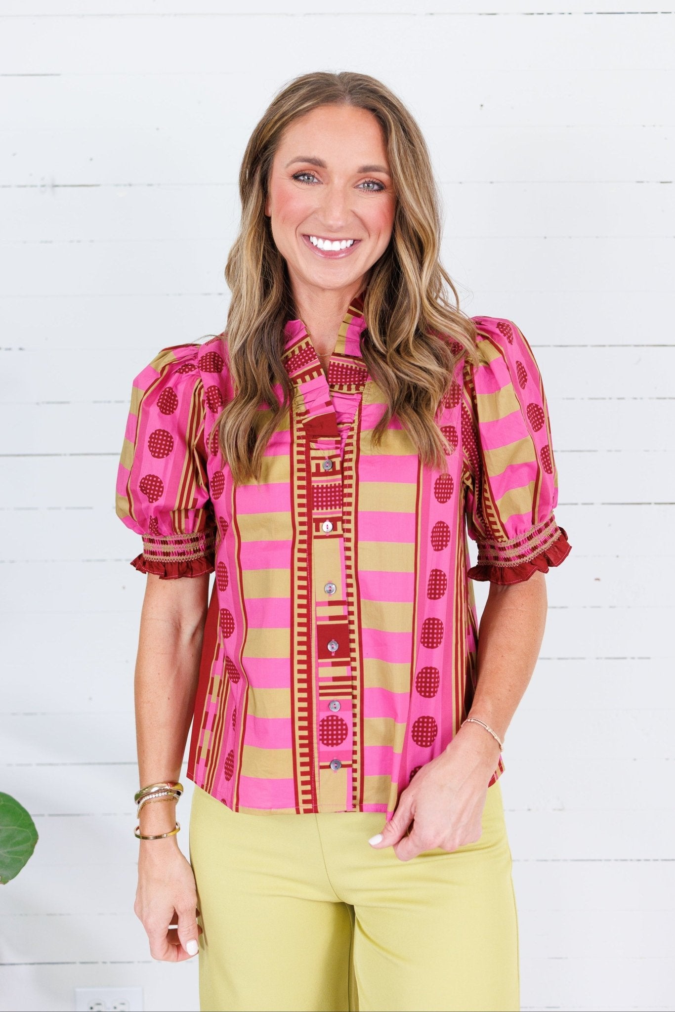 Frederick Plum Lines + Dots Ruffle Top Entro