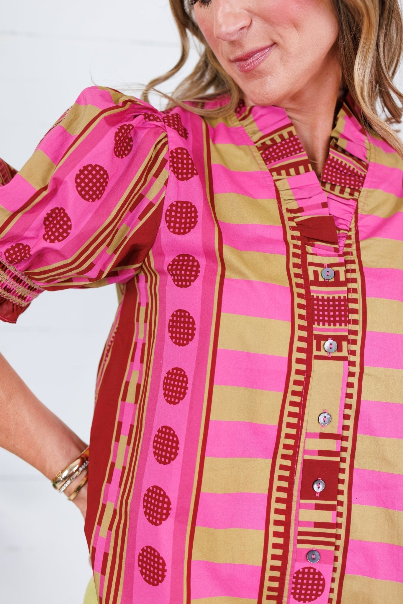 Frederick Plum Lines + Dots Ruffle Top Entro