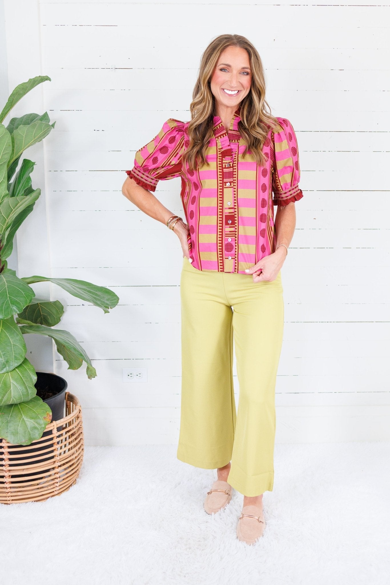 Frederick Plum Lines + Dots Ruffle Top Entro