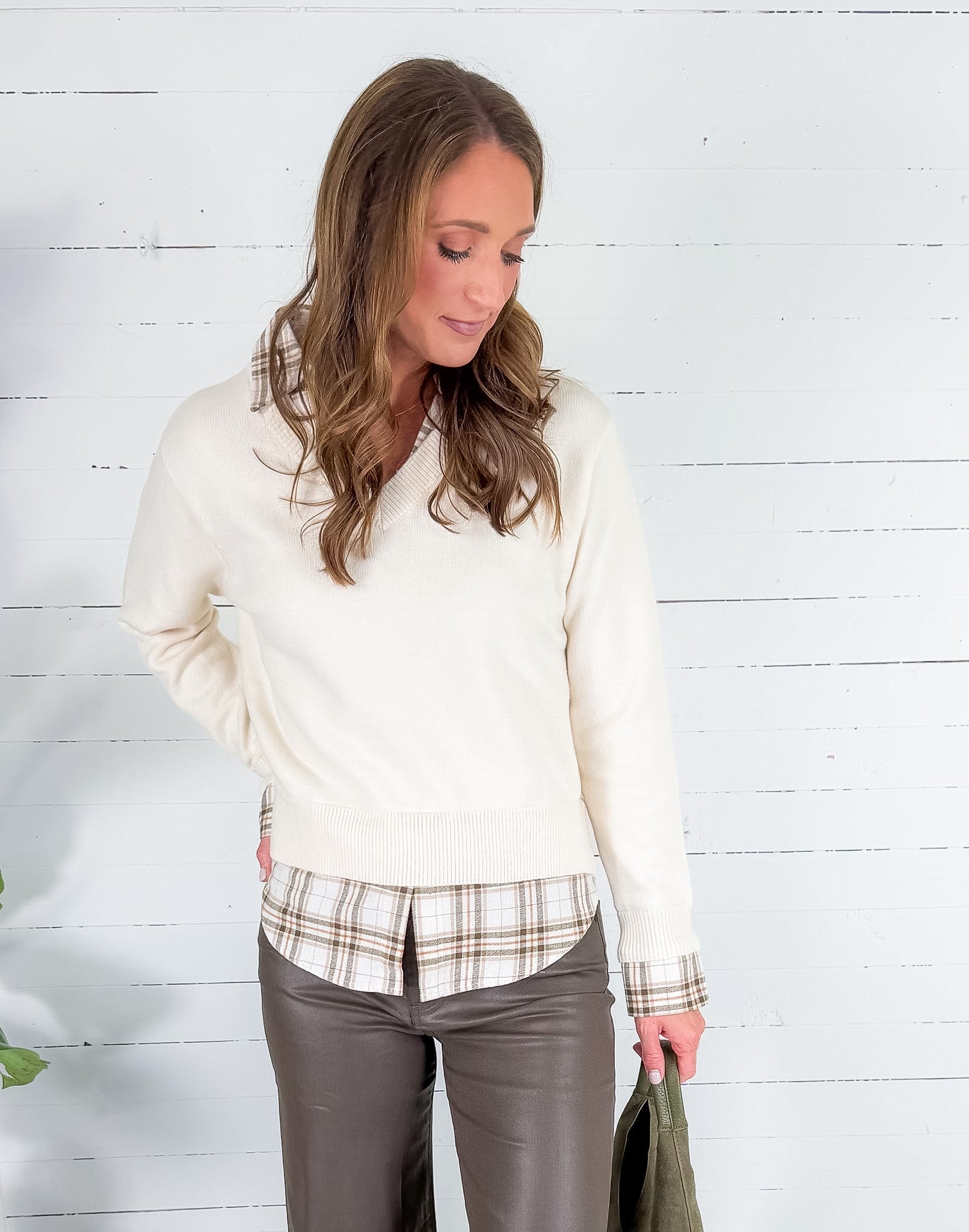 Freeman Cream Plaid Top + Layered Sweater Skies are Blue