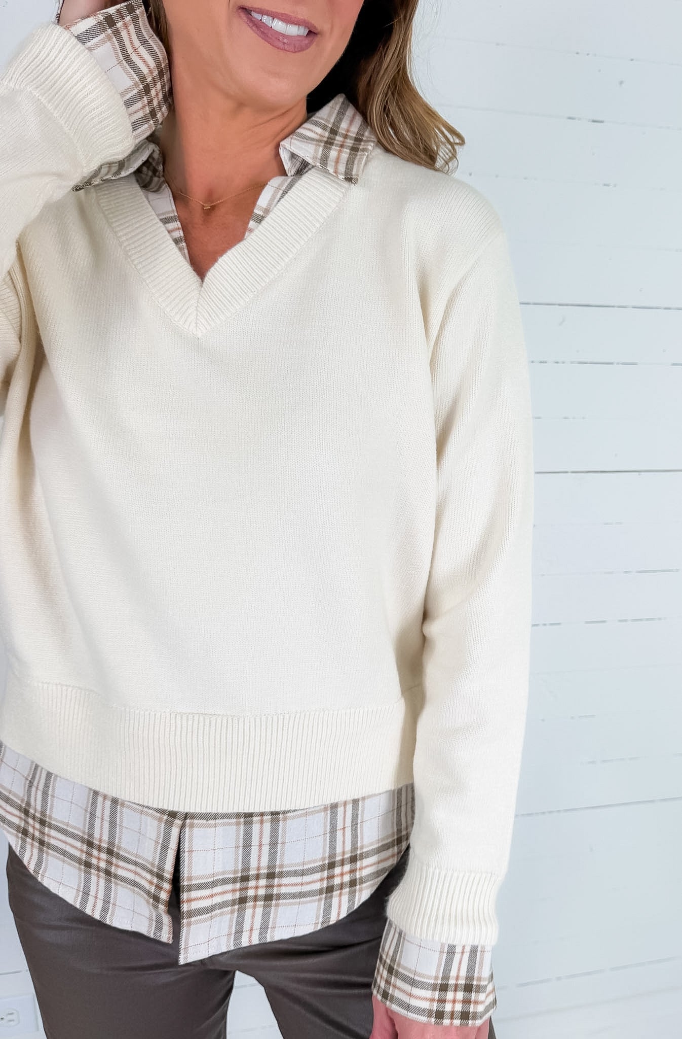 Freeman Cream Plaid Top + Layered Sweater Skies are Blue