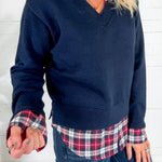 Freeman Navy Plaid Top + Layered Sweater Skies are Blue