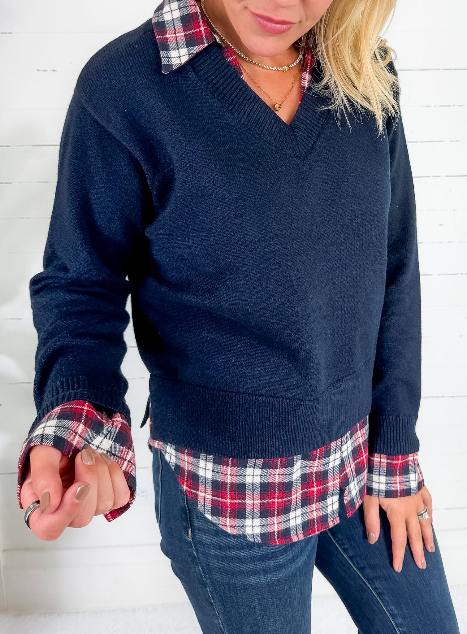 Freeman Navy Plaid Top + Layered Sweater Skies are Blue