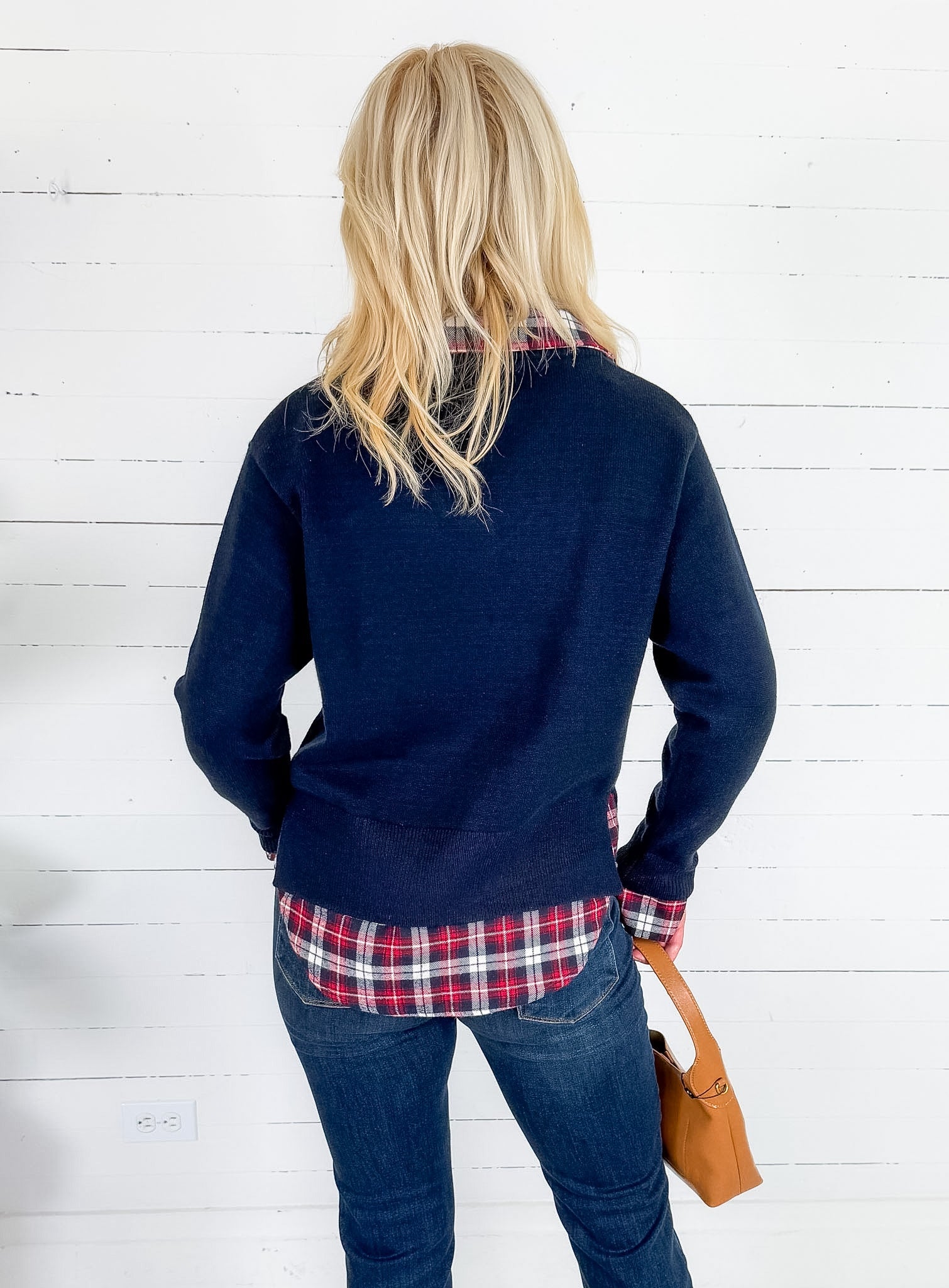 Freeman Navy Plaid Top + Layered Sweater Skies are Blue