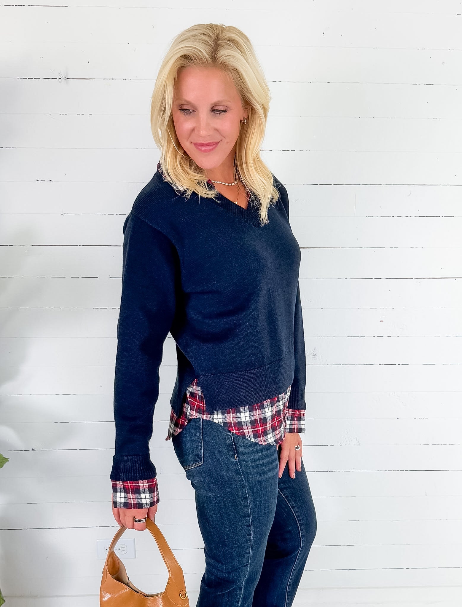 Freeman Navy Plaid Top + Layered Sweater Skies are Blue