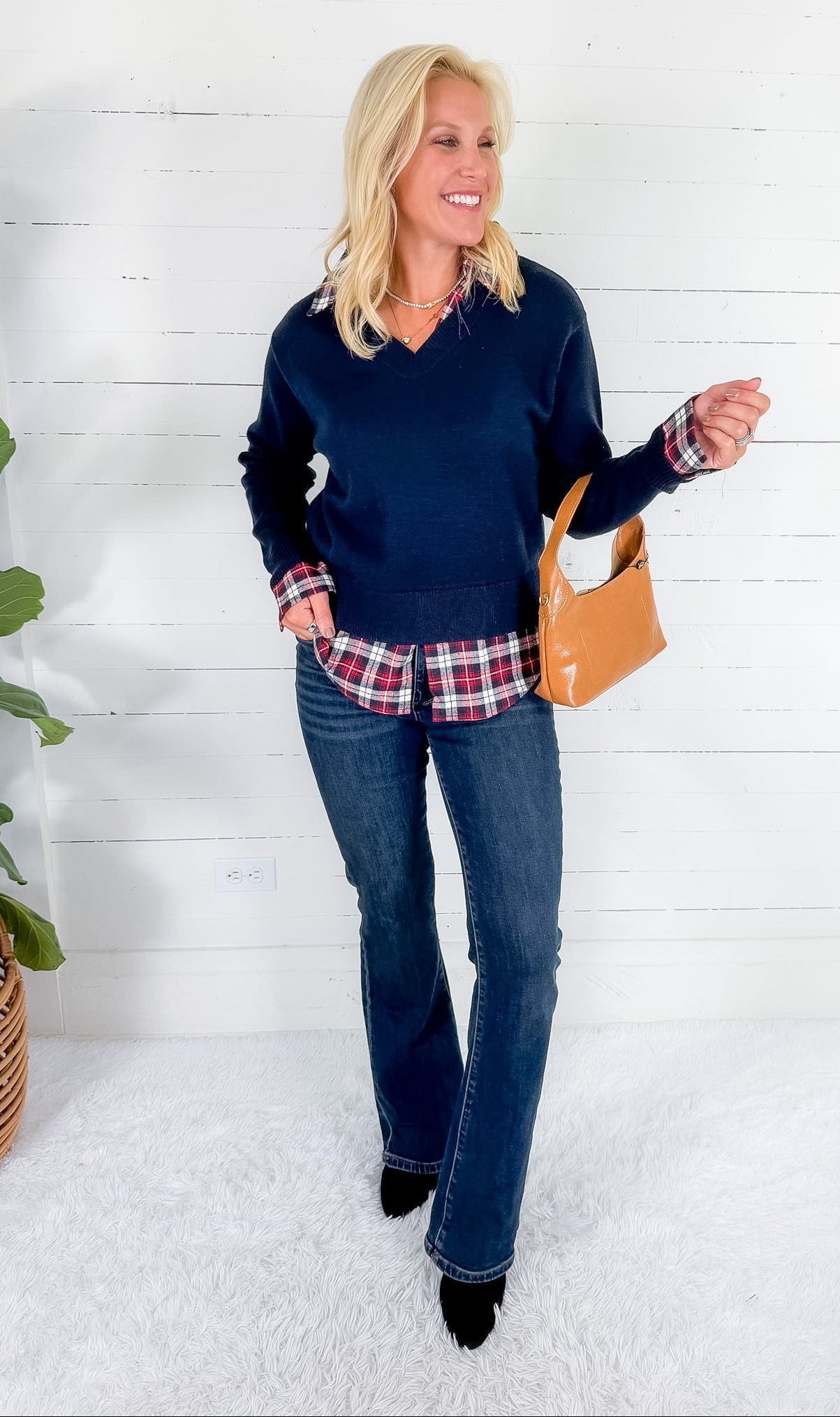 Freeman Navy Plaid Top + Layered Sweater Skies are Blue