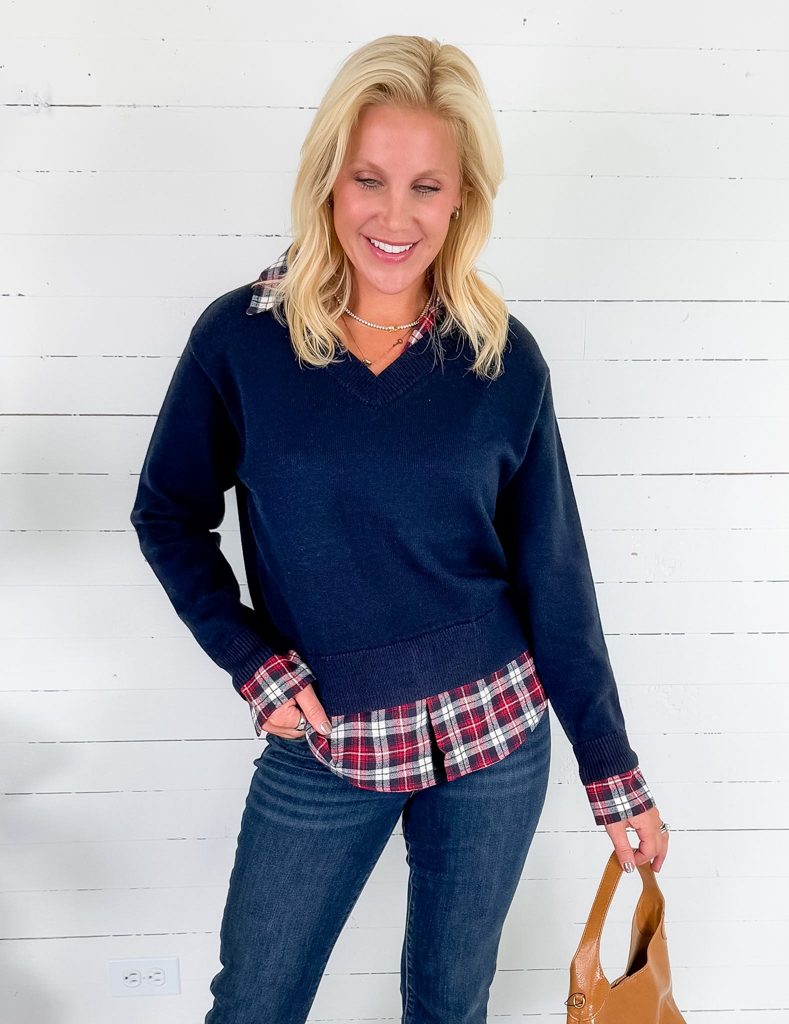 Freeman Navy Plaid Top + Layered Sweater Skies are Blue