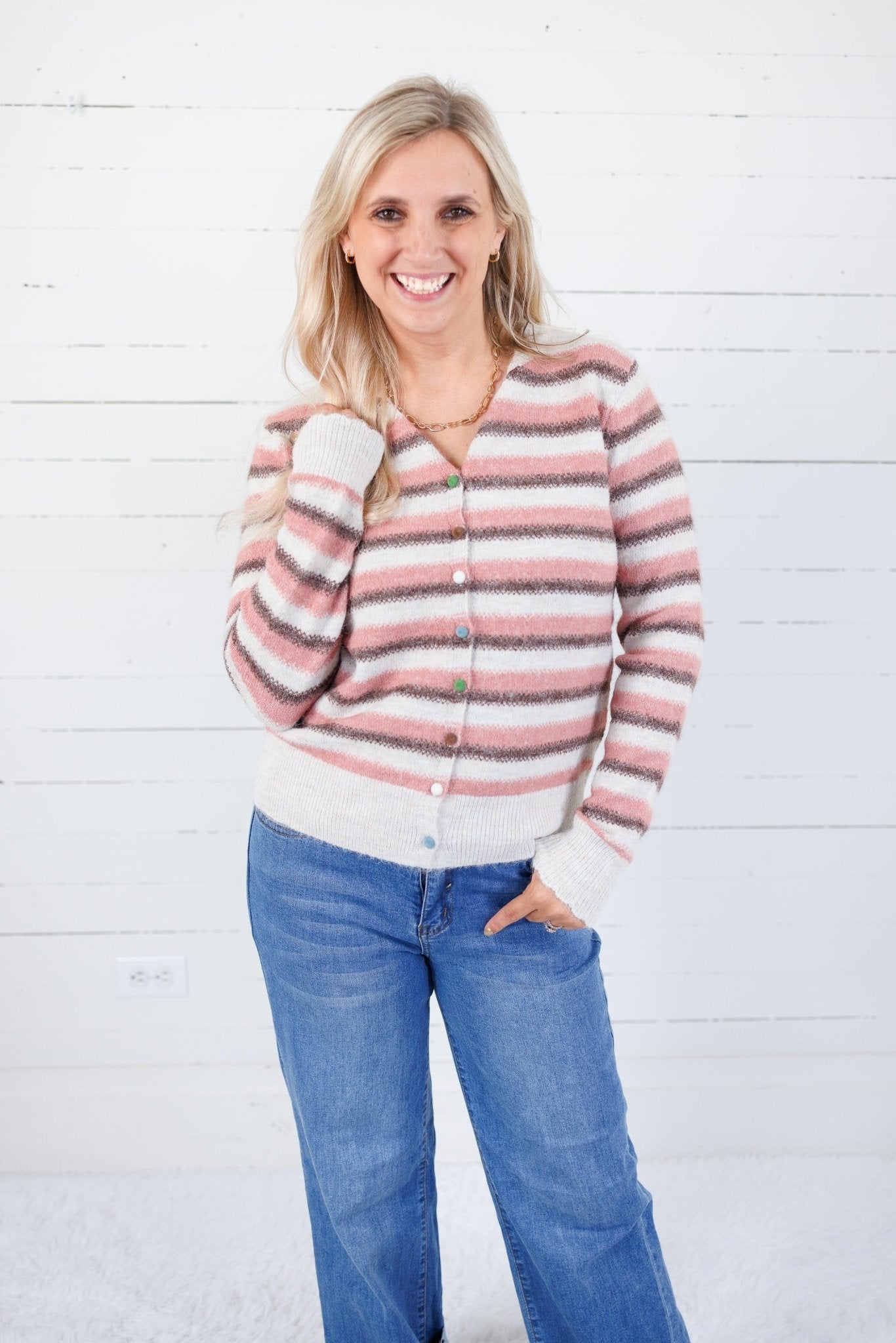 Freesia Pink Multi Striped Cardigan Staccato