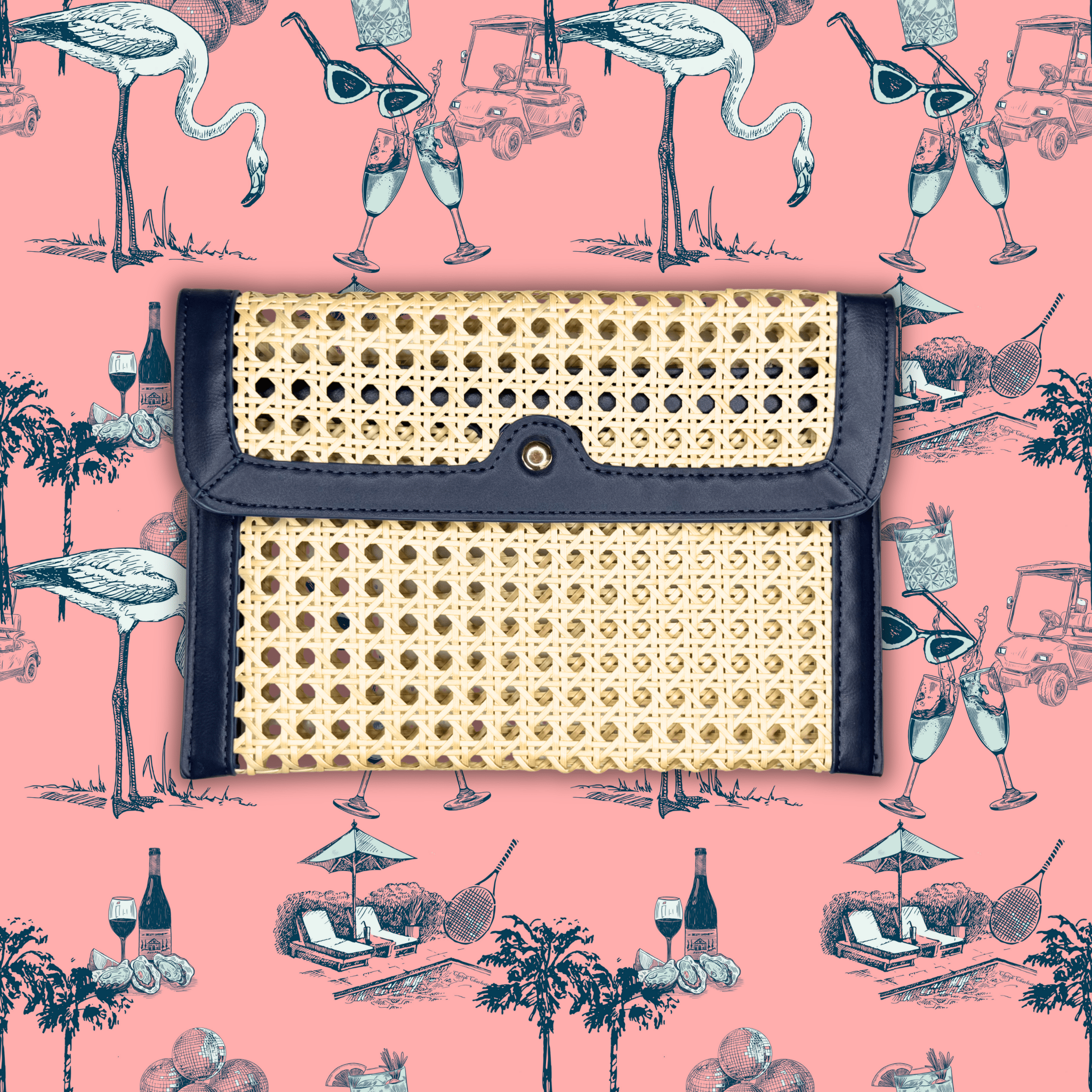 Woven clutch bag on a pink background with vintage-style illustrations