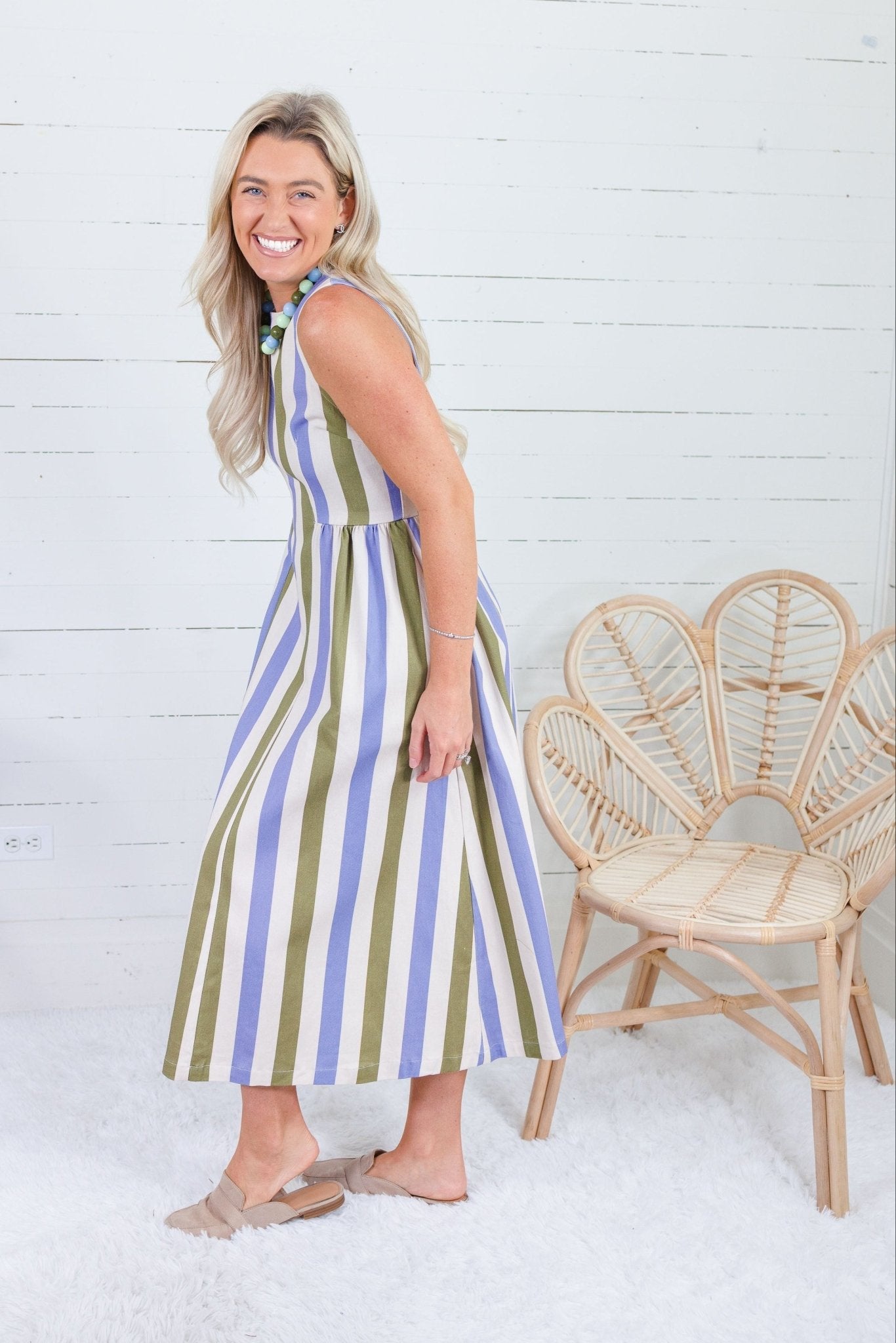 Gardnier Olive + Periwinkle Stripe Dress