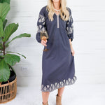 Garner Charcoal Boho Embroidered Midi Dress Pinch