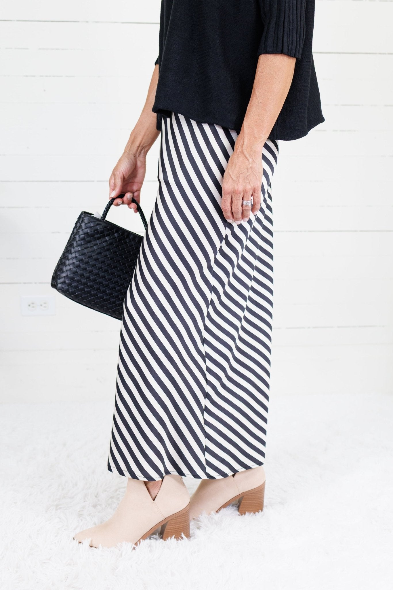 Geneva Black + Cream Bias Striped Slip Skirt Glam