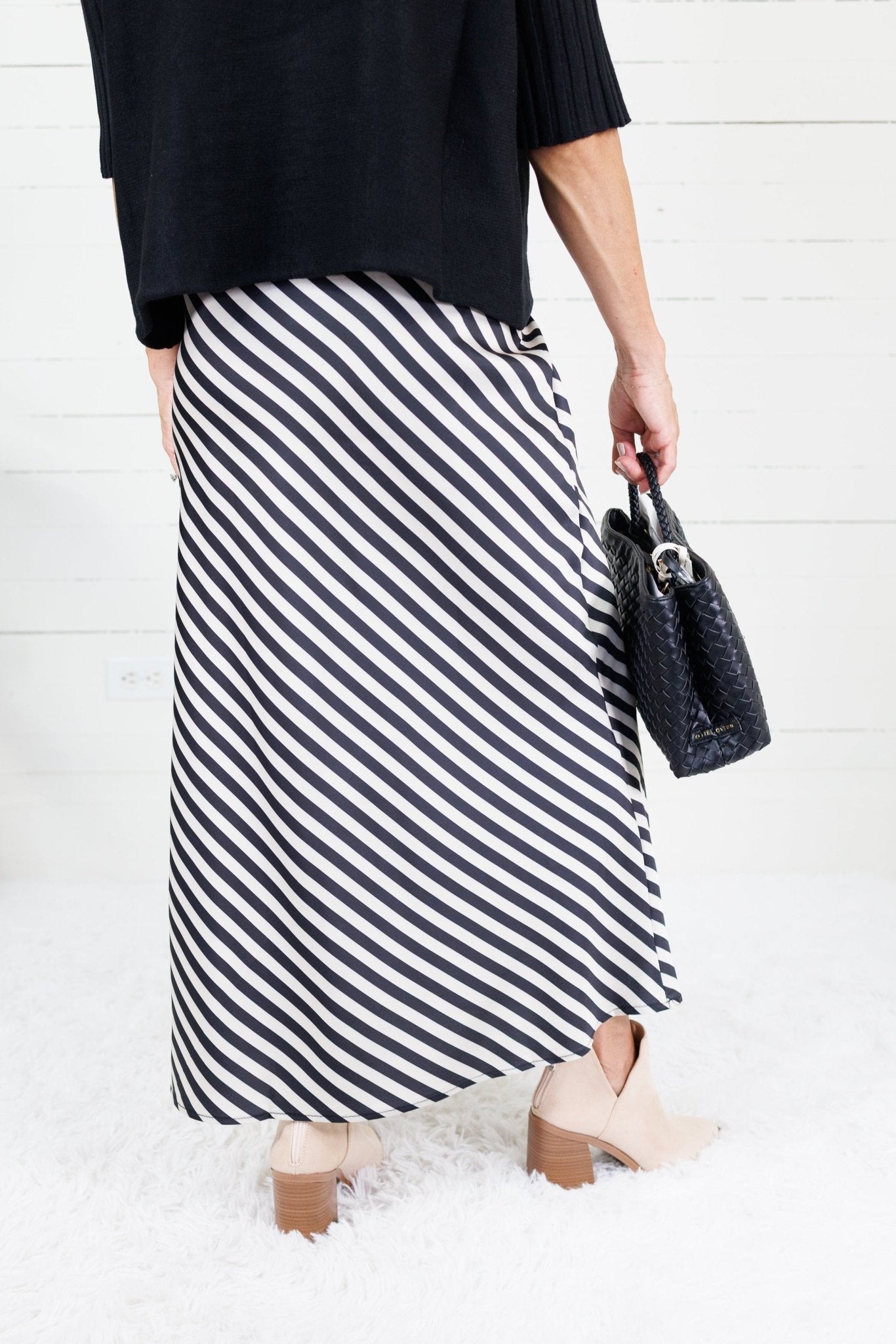 Geneva Black + Cream Bias Striped Slip Skirt Glam