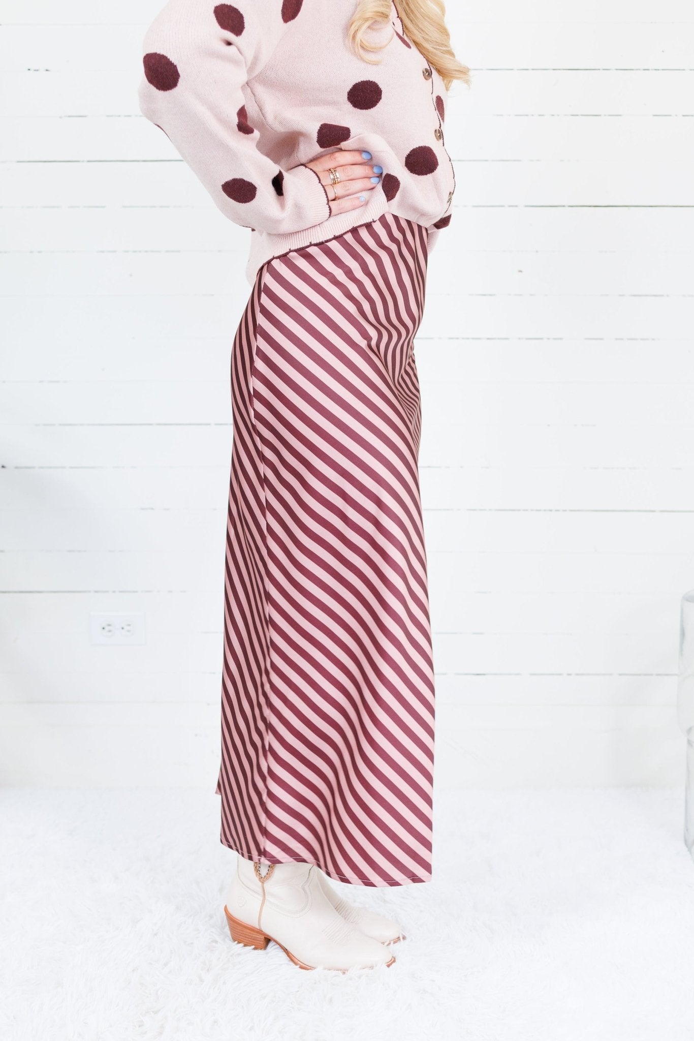 Geneva Burgundy + Dusty Rose Bias Stripe Slip Skirt Glam
