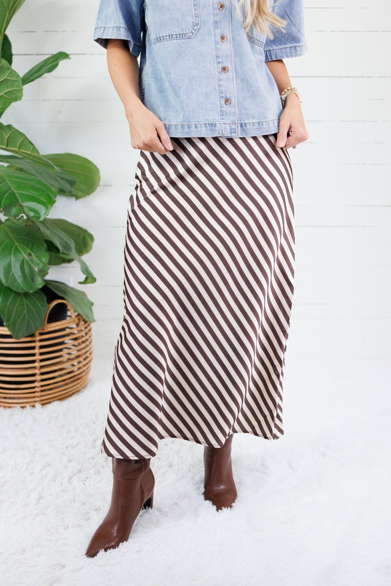 Geneva Chocolate + Cream Bias Stripe Slip Skirt Glam