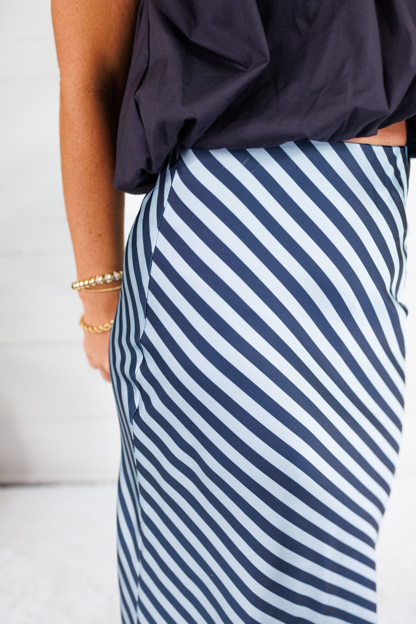 Geneva Navy + Sky Bias Striped Slip Skirt Glam