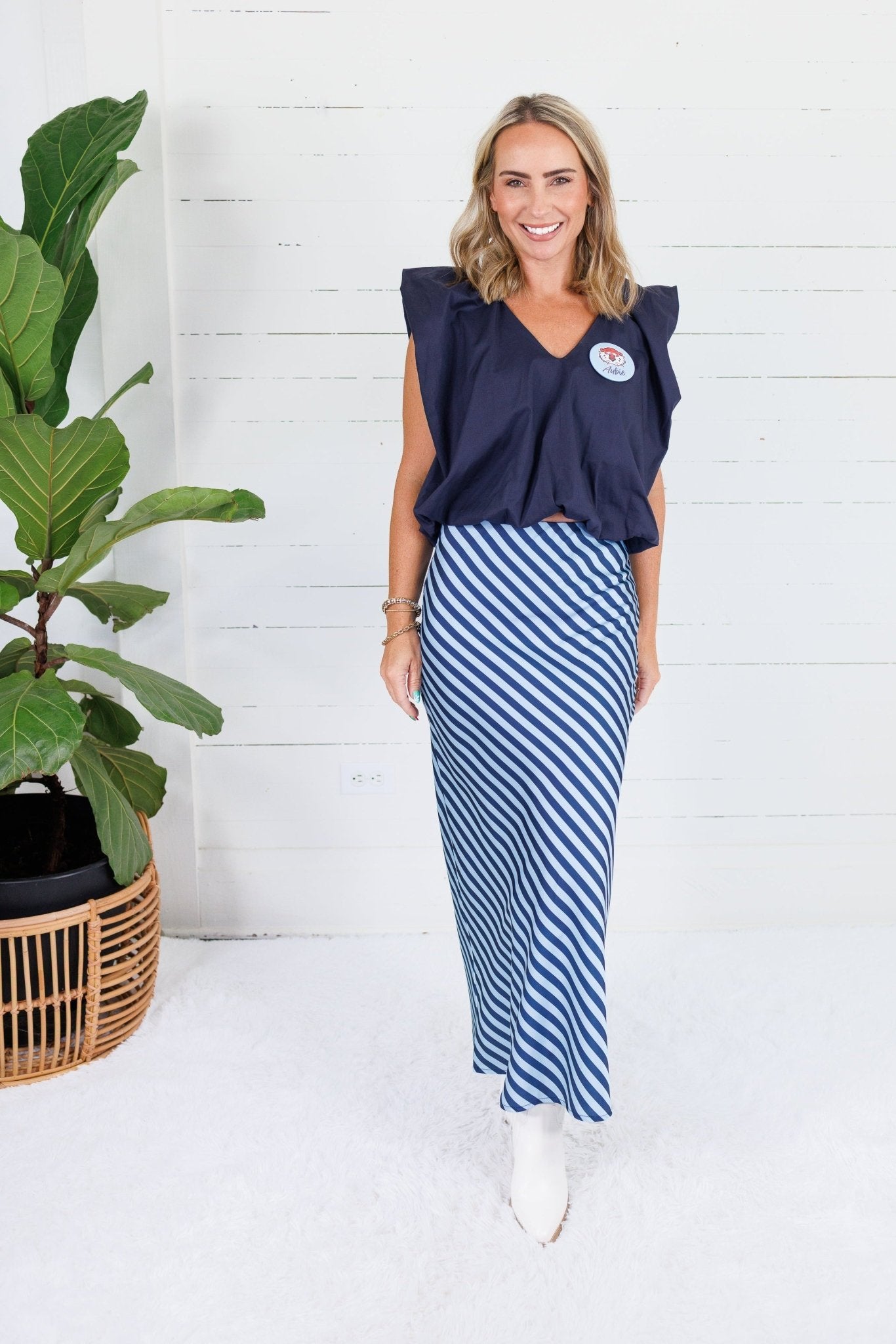 Geneva Navy + Sky Bias Striped Slip Skirt Glam