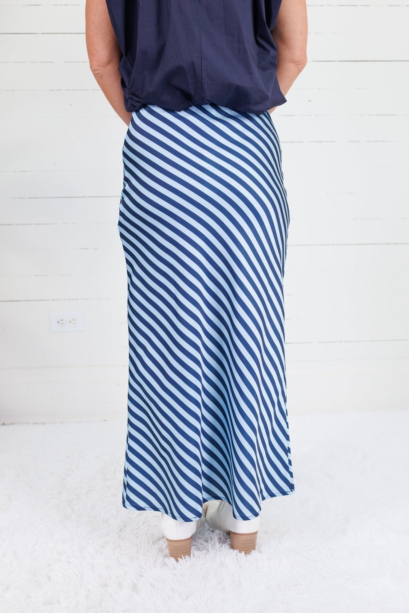 Geneva Navy + Sky Bias Striped Slip Skirt Glam