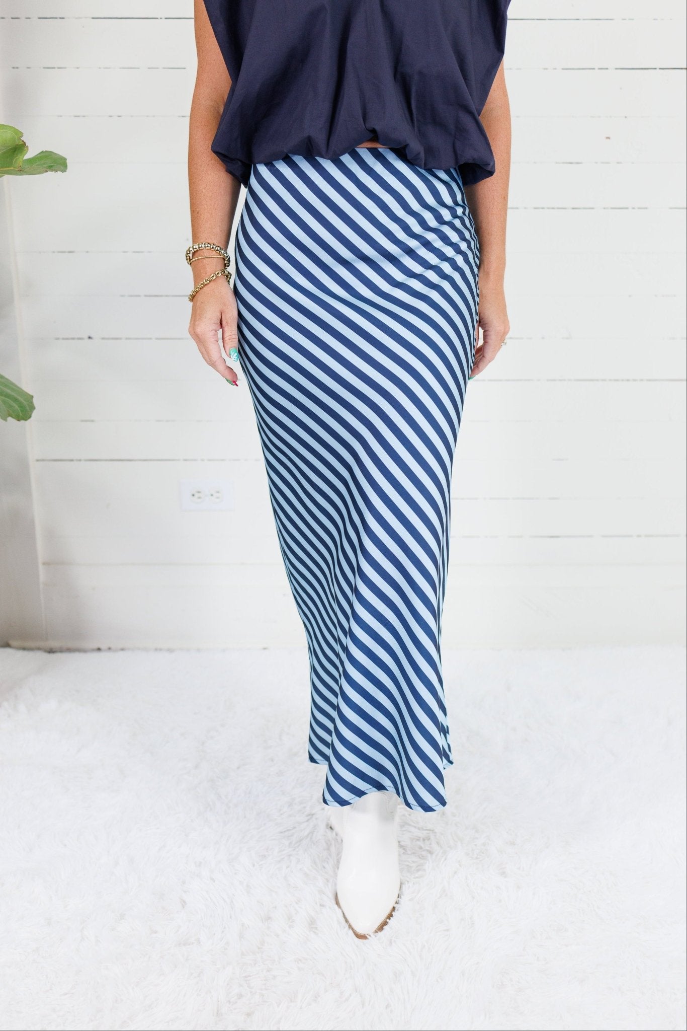 Geneva Navy + Sky Bias Striped Slip Skirt Glam