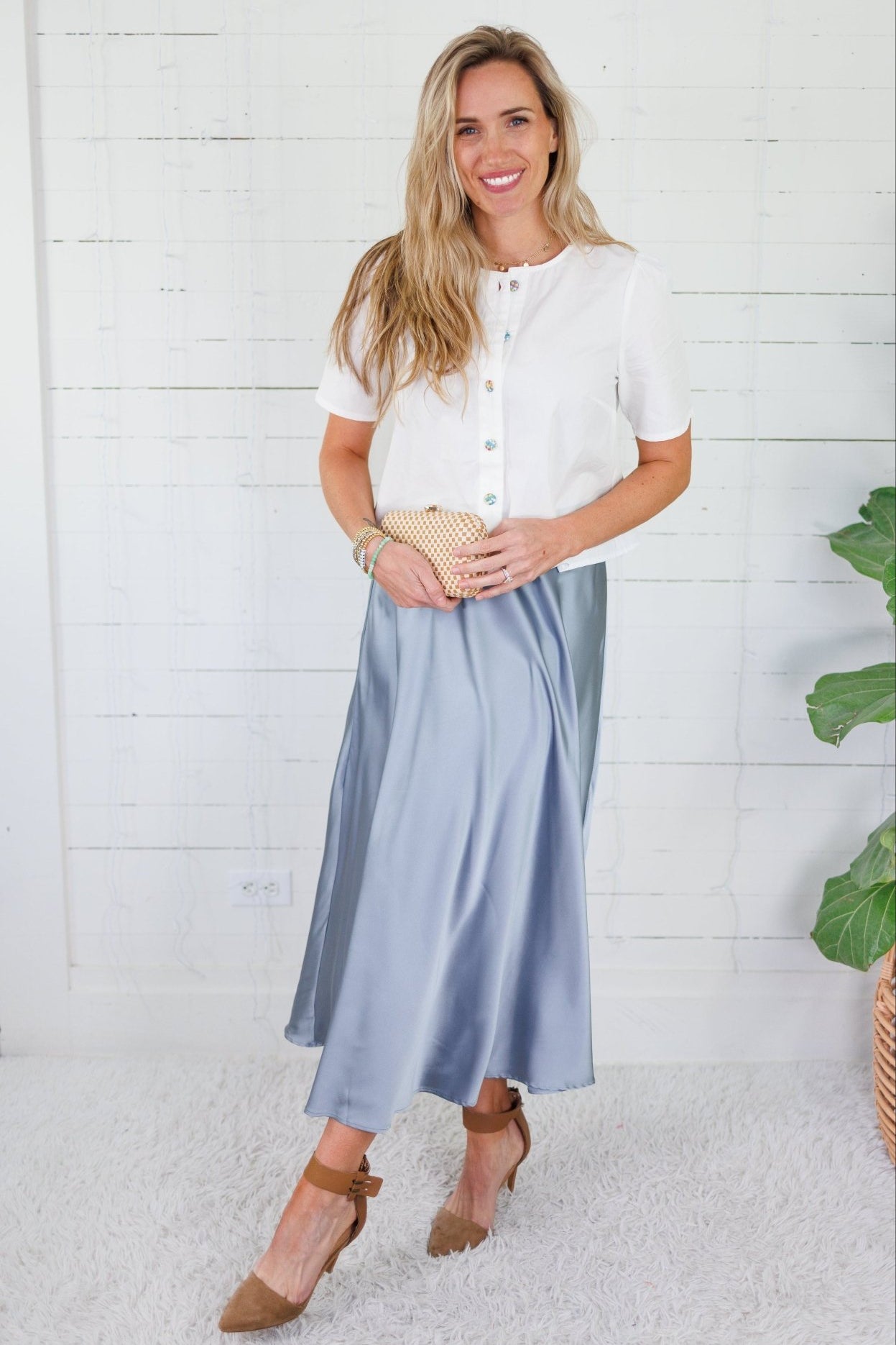Gloria Dusty Blue Satin Flare Slip Skirt