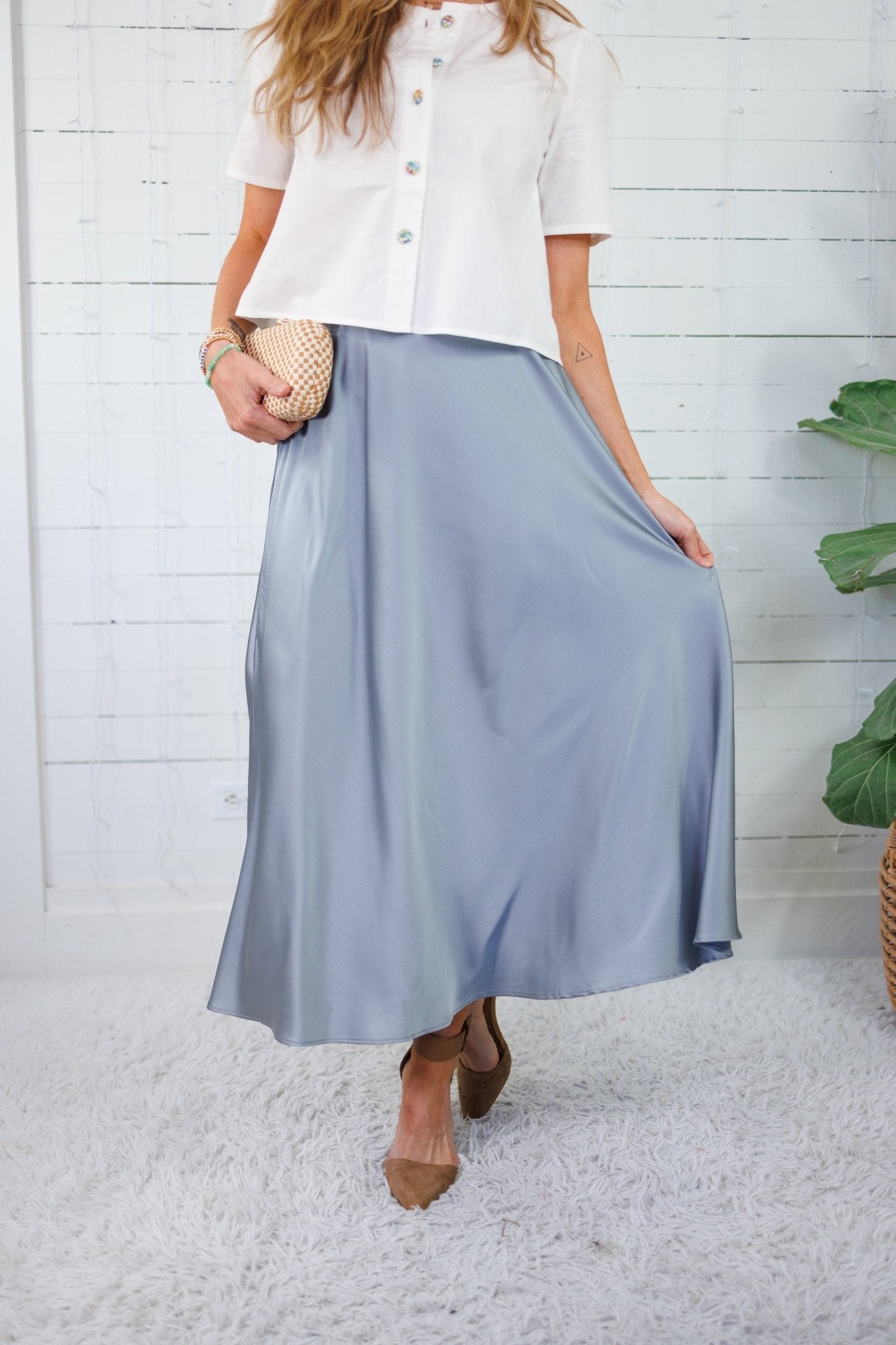 Gloria Dusty Blue Satin Flare Slip Skirt
