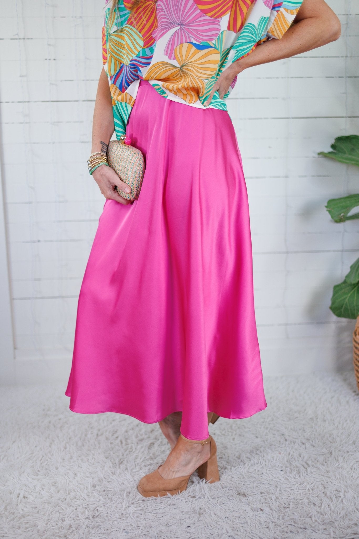 Gloria Magenta Satin Flare Slip Skirt