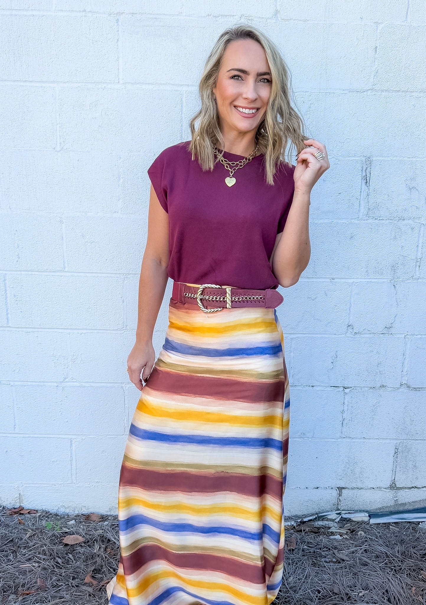 Gold Chain Lace-Up Wide Burgundy Stretch Belt