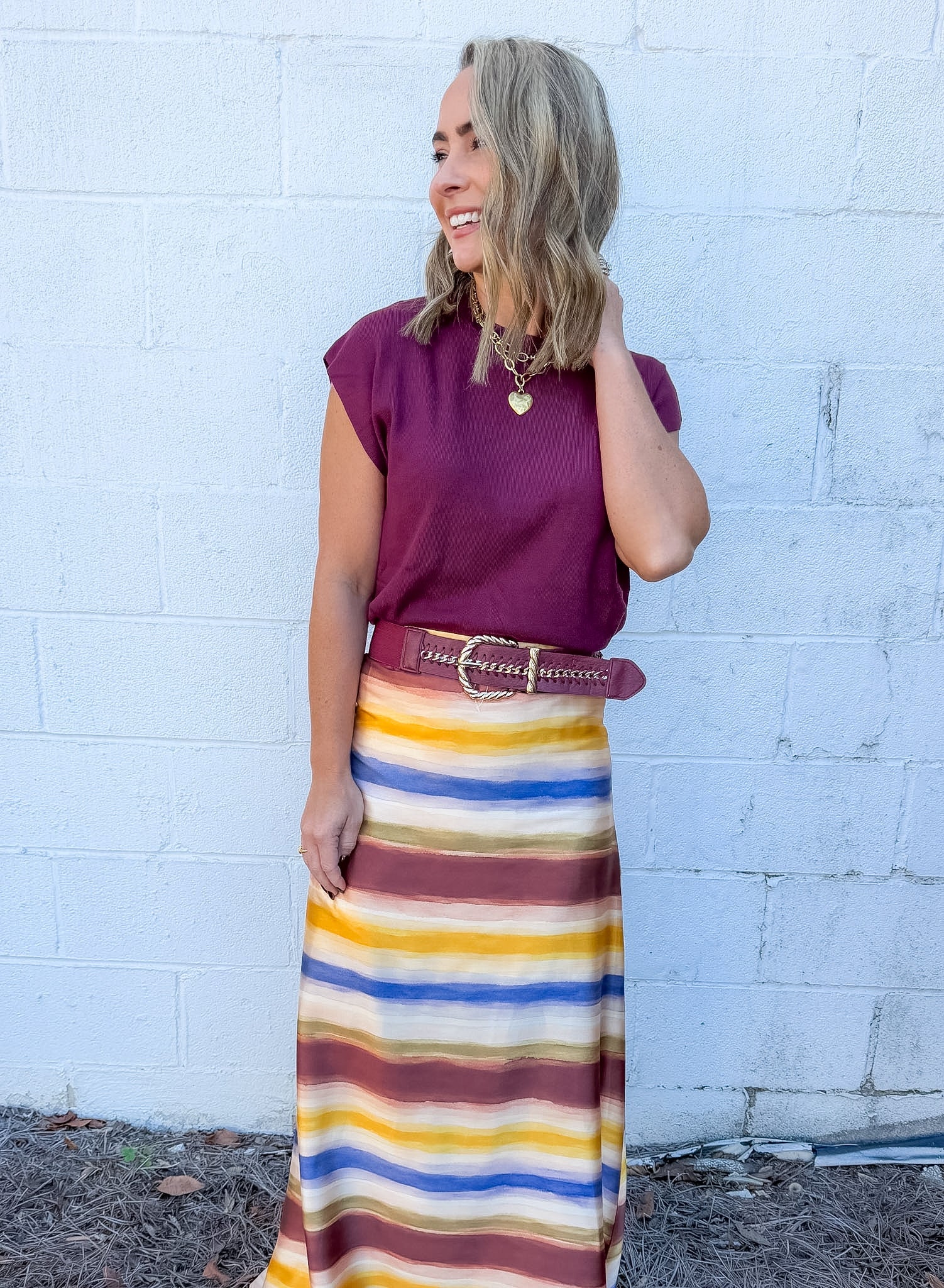 Gold Chain Lace-Up Wide Burgundy Stretch Belt