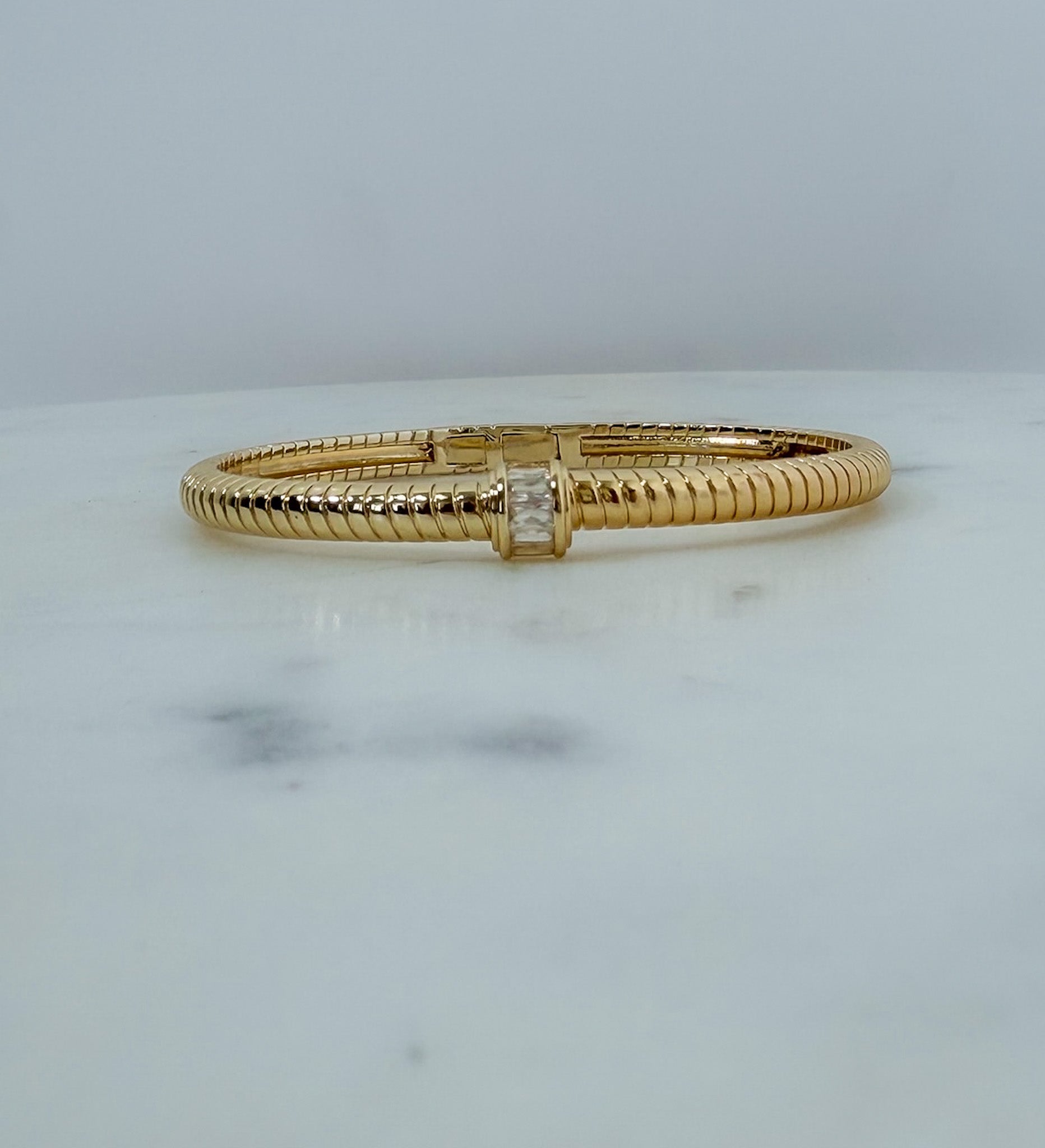 Gold Ribbed + CZ Rondelle Bangle Bracelet - A3 Accessories - Jewelry - Clover + Bee