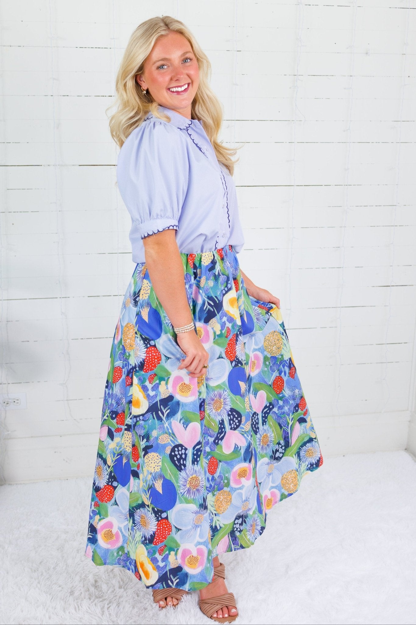 Grover Blue Floral Elastic Maxi Skirt Glam