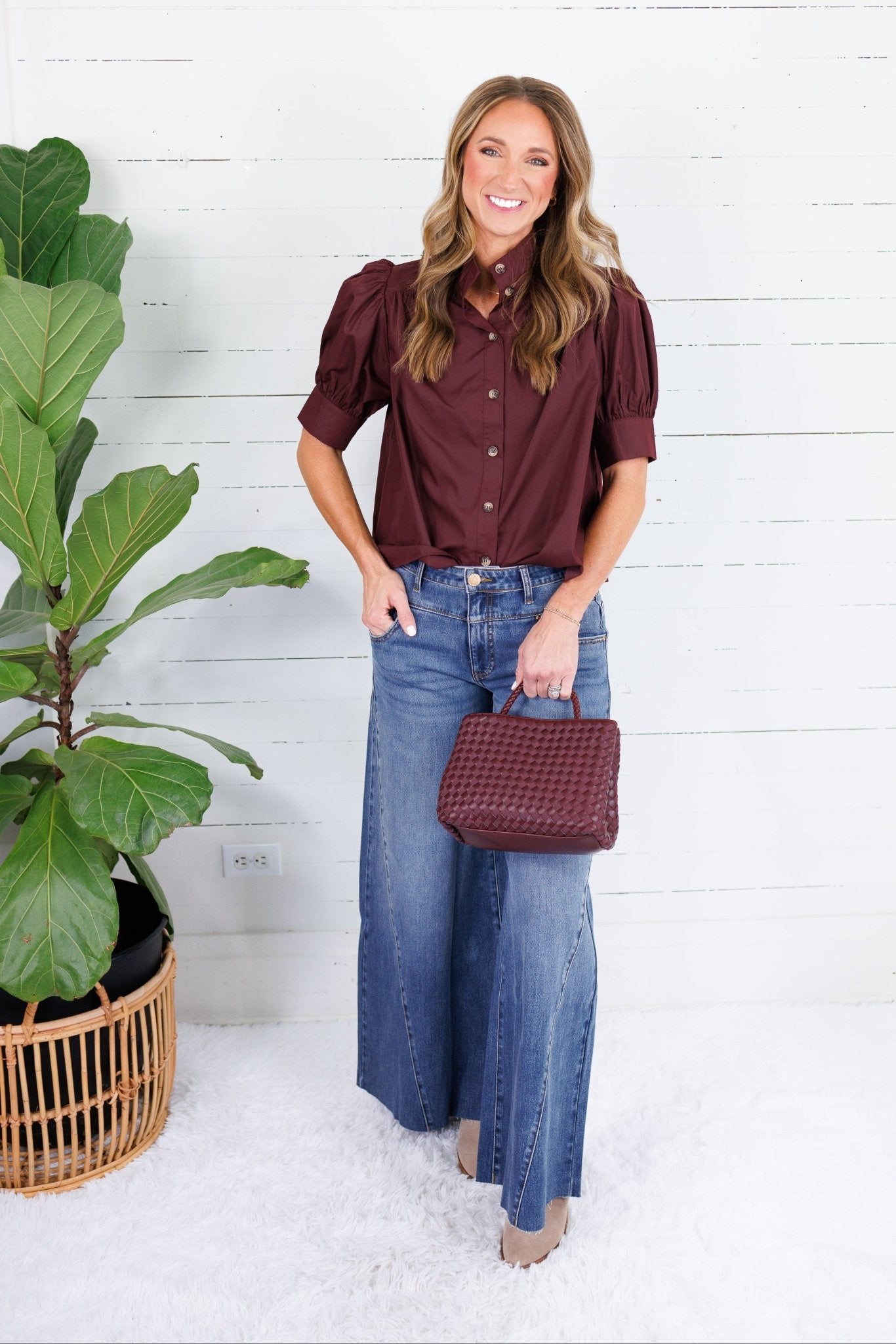 Hadley Burgundy Stand Collar Top Entro