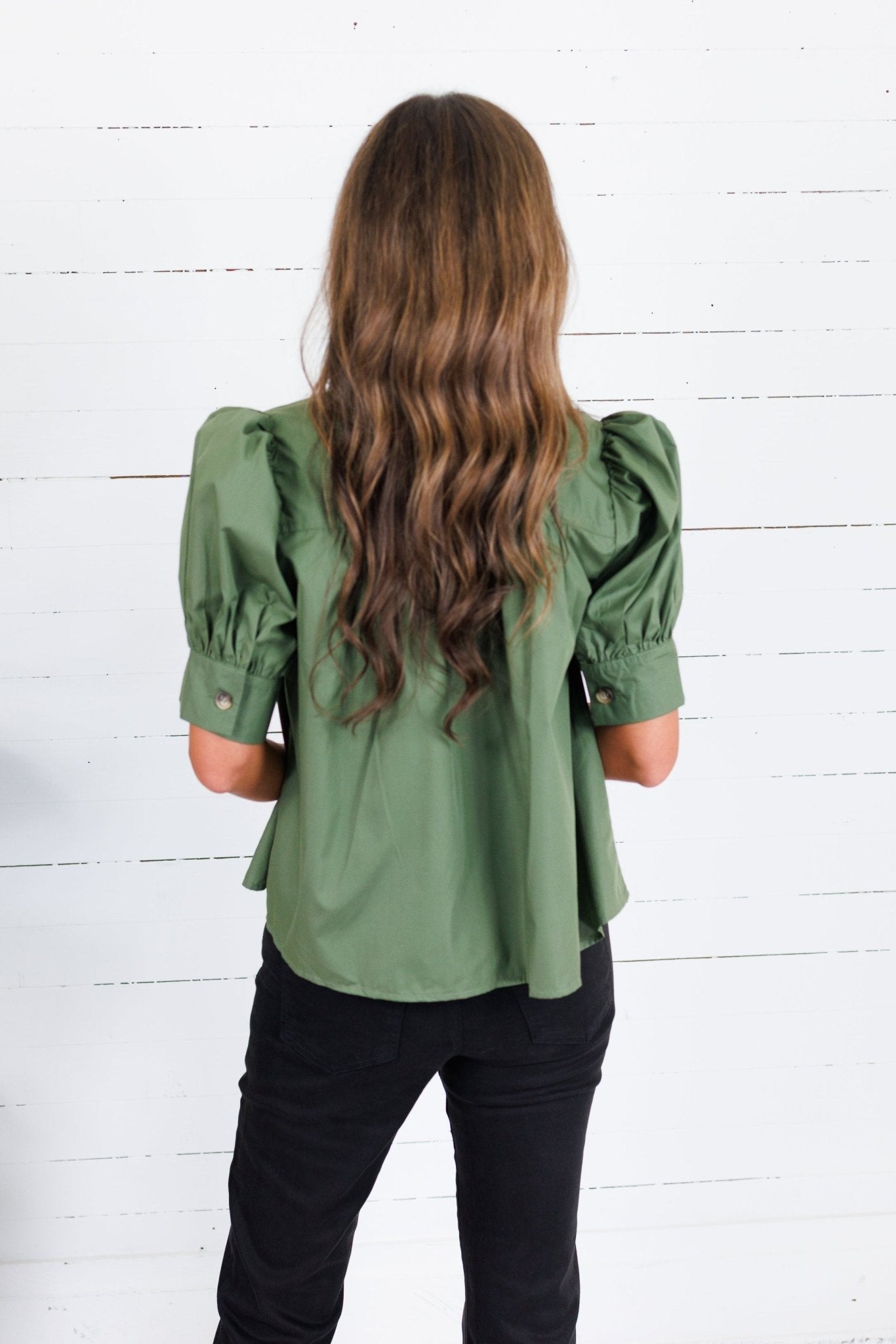 Hadley Olive Stand Collar Top Entro