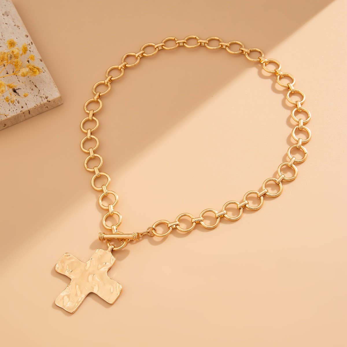 Hammered Gold Cross Front Toggle Necklace - A3 Accessories - Jewelry - Clover + Bee