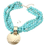 Hammered Gold Disc Pendant on Turquoise Multi Strand Beaded Necklace - A3 Accessories - Jewelry - Clover + Bee