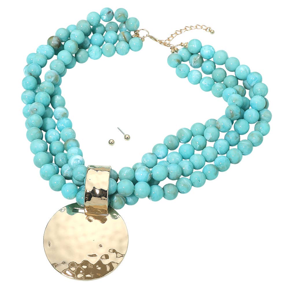 Hammered Gold Disc Pendant on Turquoise Multi Strand Beaded Necklace - A3 Accessories - Jewelry - Clover + Bee
