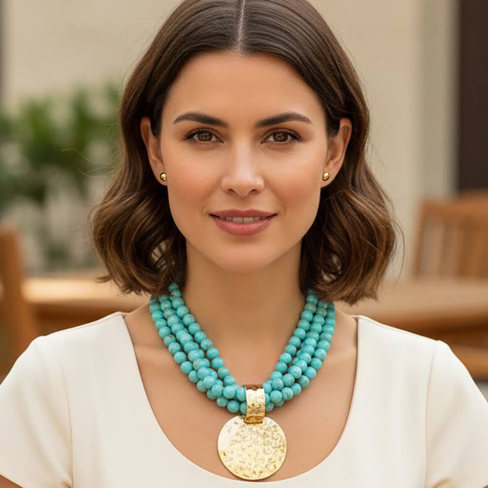 Hammered Gold Disc Pendant on Turquoise Multi Strand Beaded Necklace - A3 Accessories - Jewelry - Clover + Bee