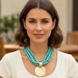 Hammered Gold Disc Pendant on Turquoise Multi Strand Beaded Necklace - A3 Accessories - Jewelry - Clover + Bee