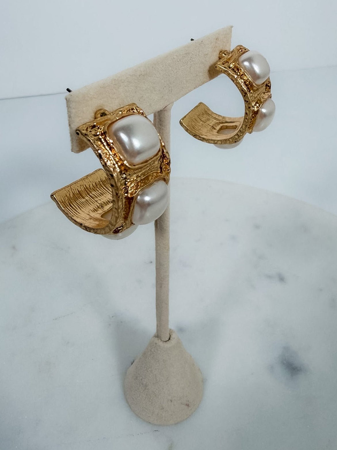Hammered Triple Pearl Squared Hoop Earrings