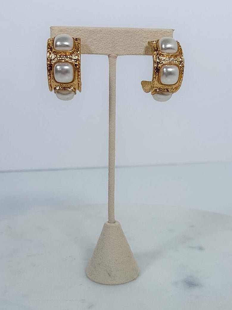 Hammered Triple Pearl Squared Hoop Earrings