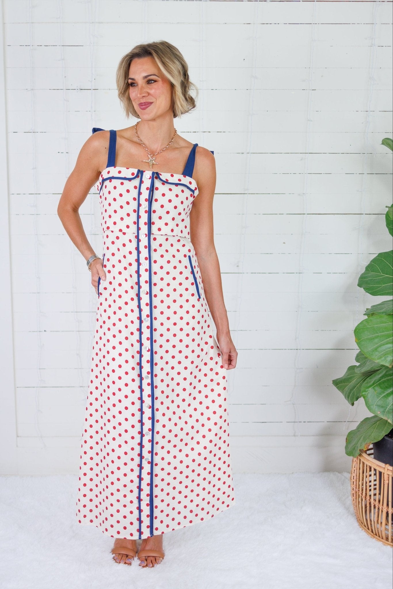 Hoyt Red Dot + Navy Trim Maxi Dress THML