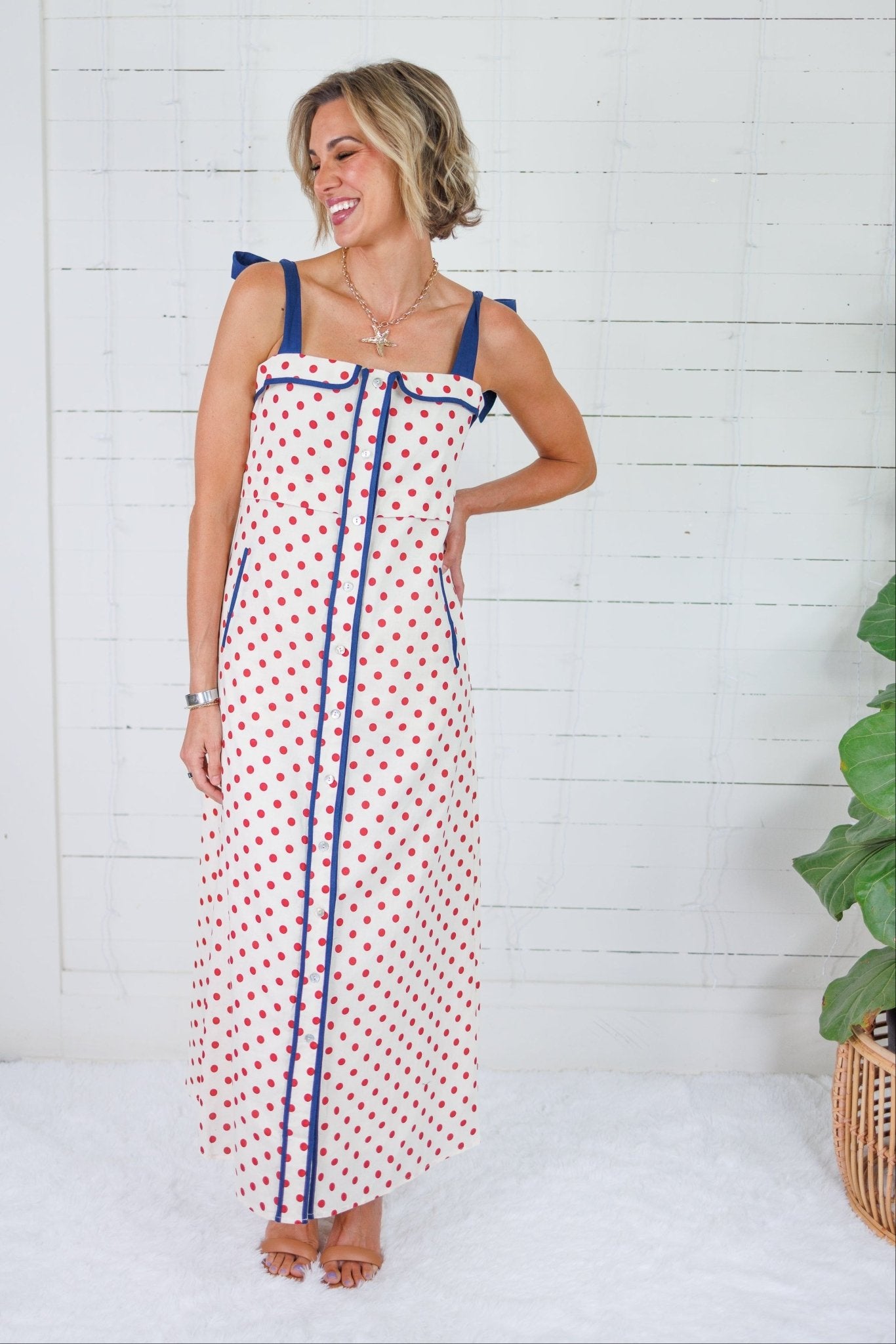 Hoyt Red Dot + Navy Trim Maxi Dress THML