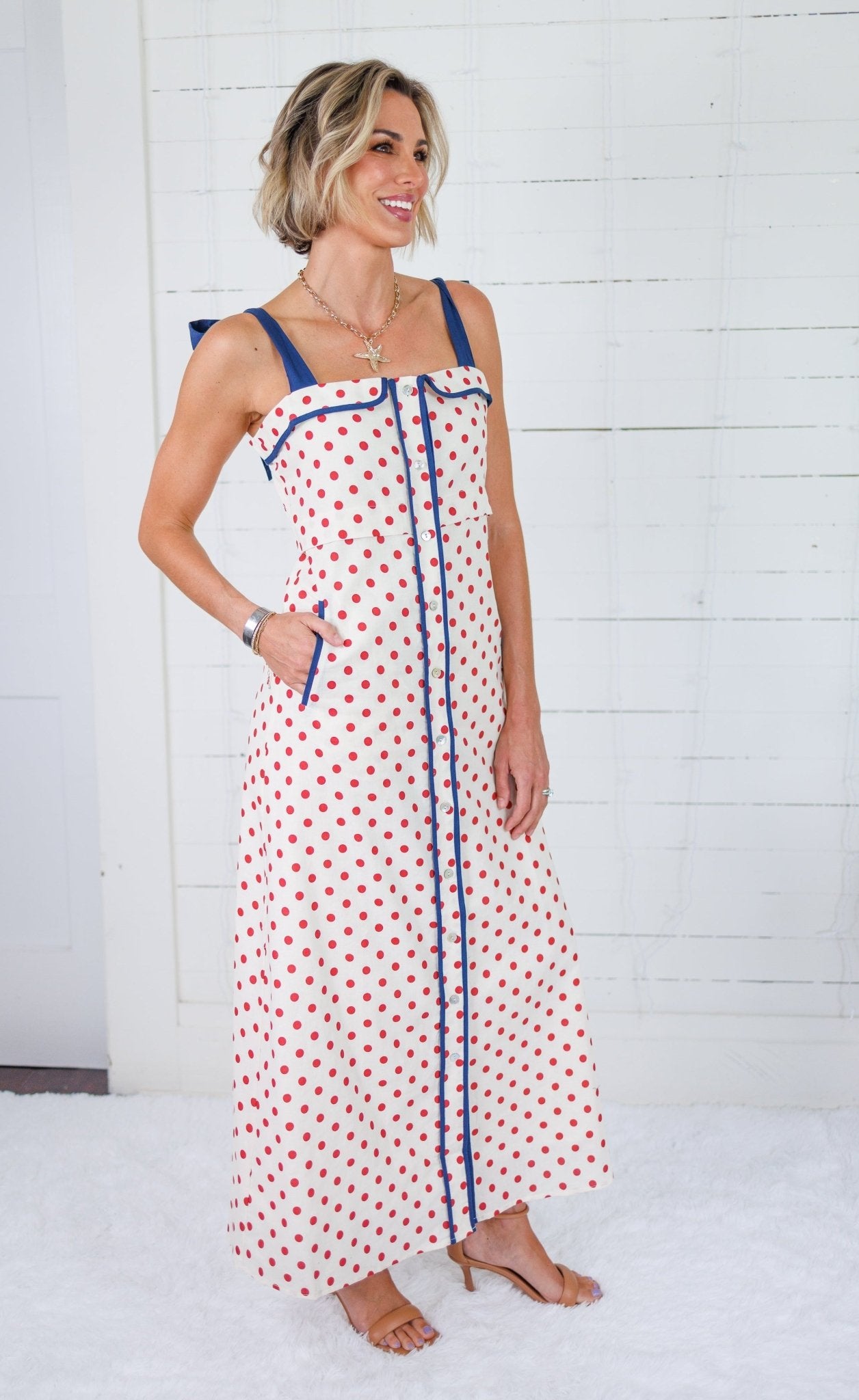 Hoyt Red Dot + Navy Trim Maxi Dress THML