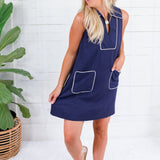 Jackie Navy + Oatmeal Piping Shift Dress Entro