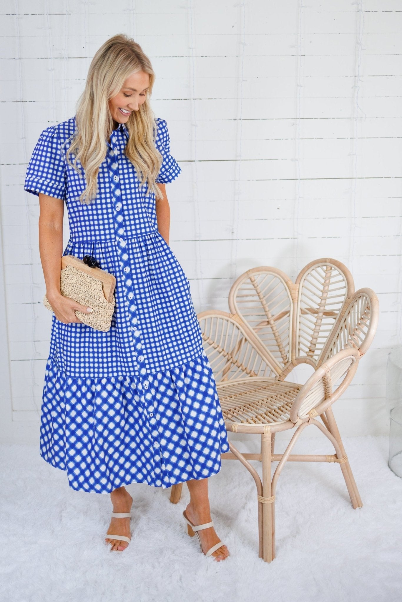 Jema Navy Gingham Mix Midi Dress Mary Square