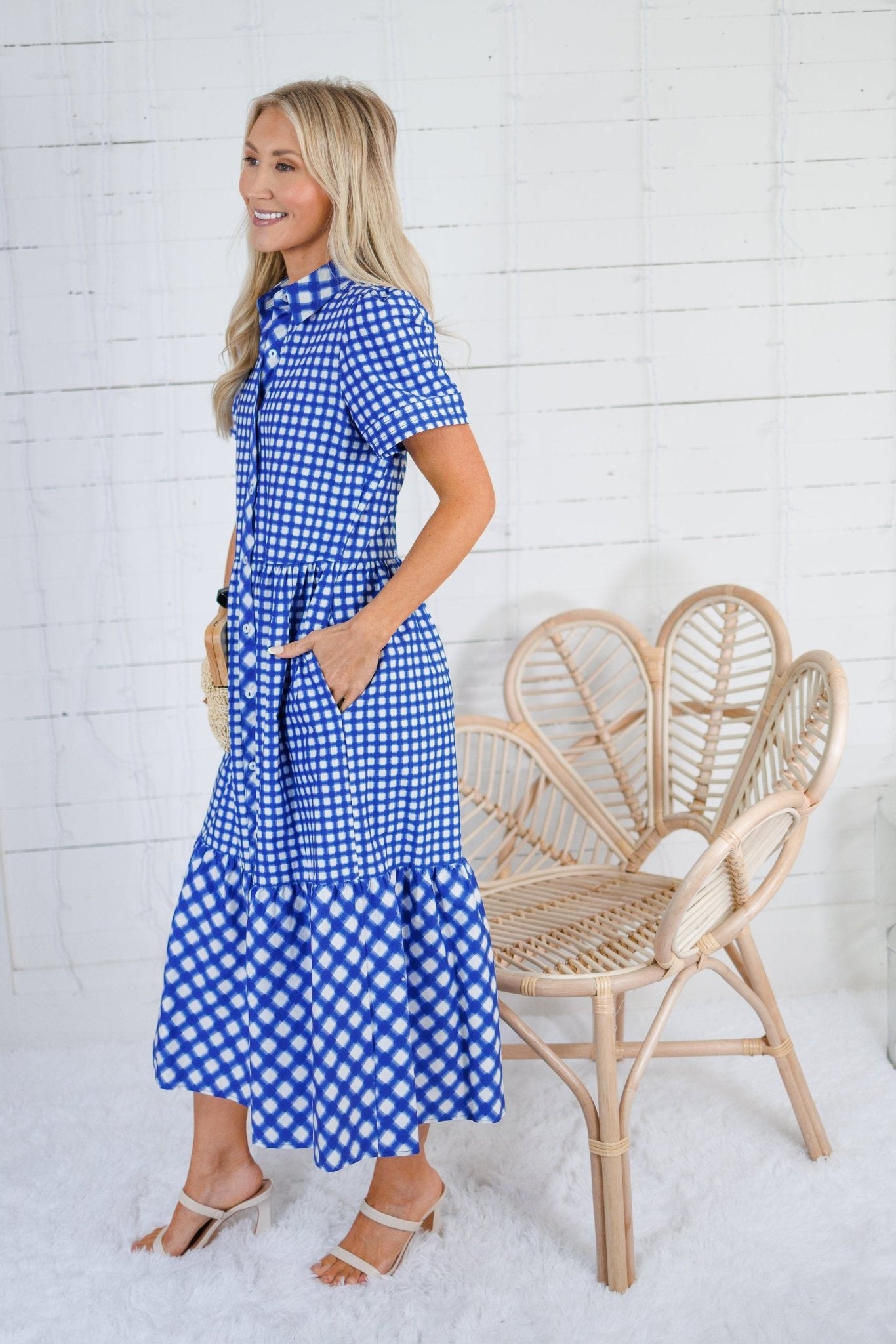 Jema Navy Gingham Mix Midi Dress Mary Square