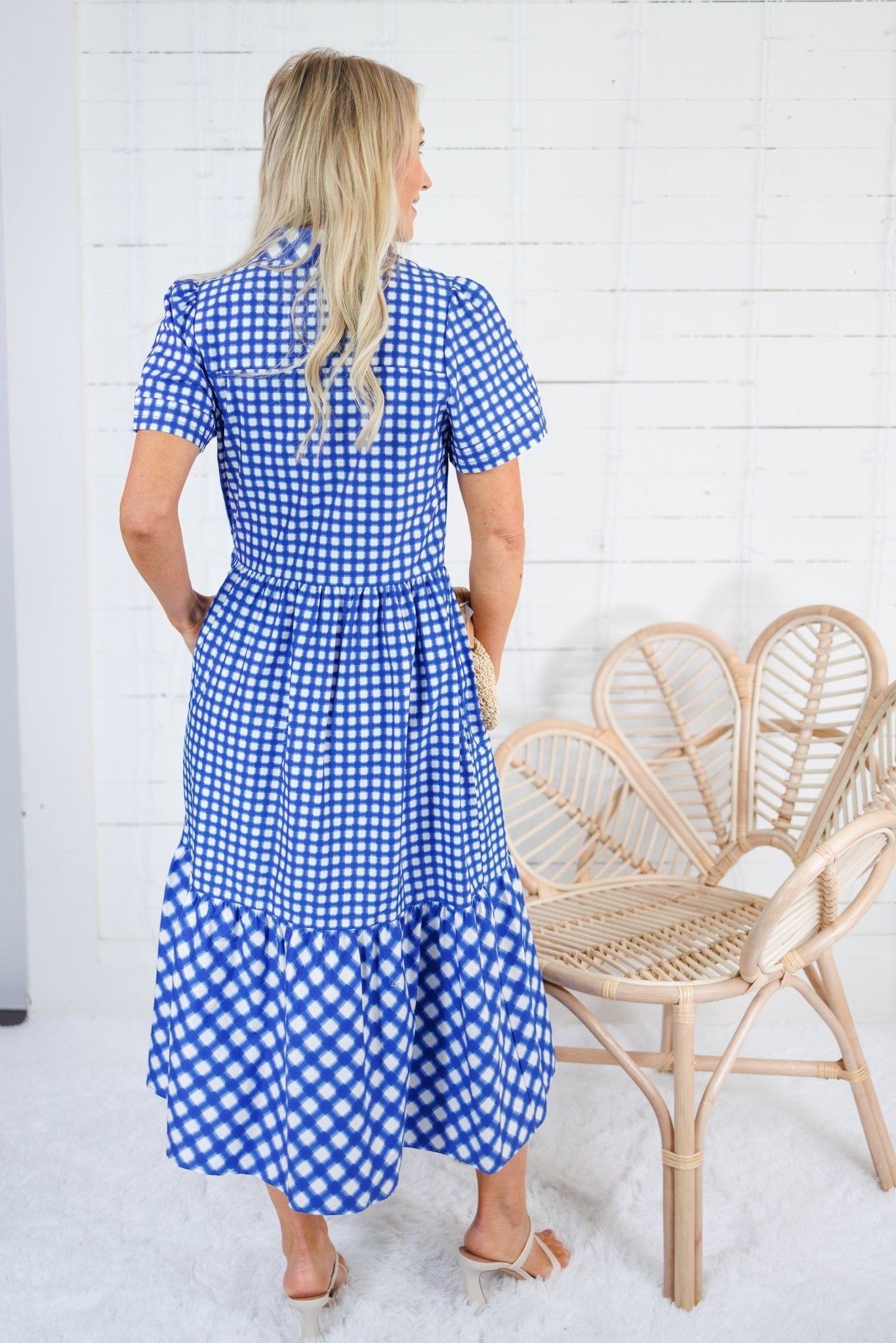 Jema Navy Gingham Mix Midi Dress Mary Square